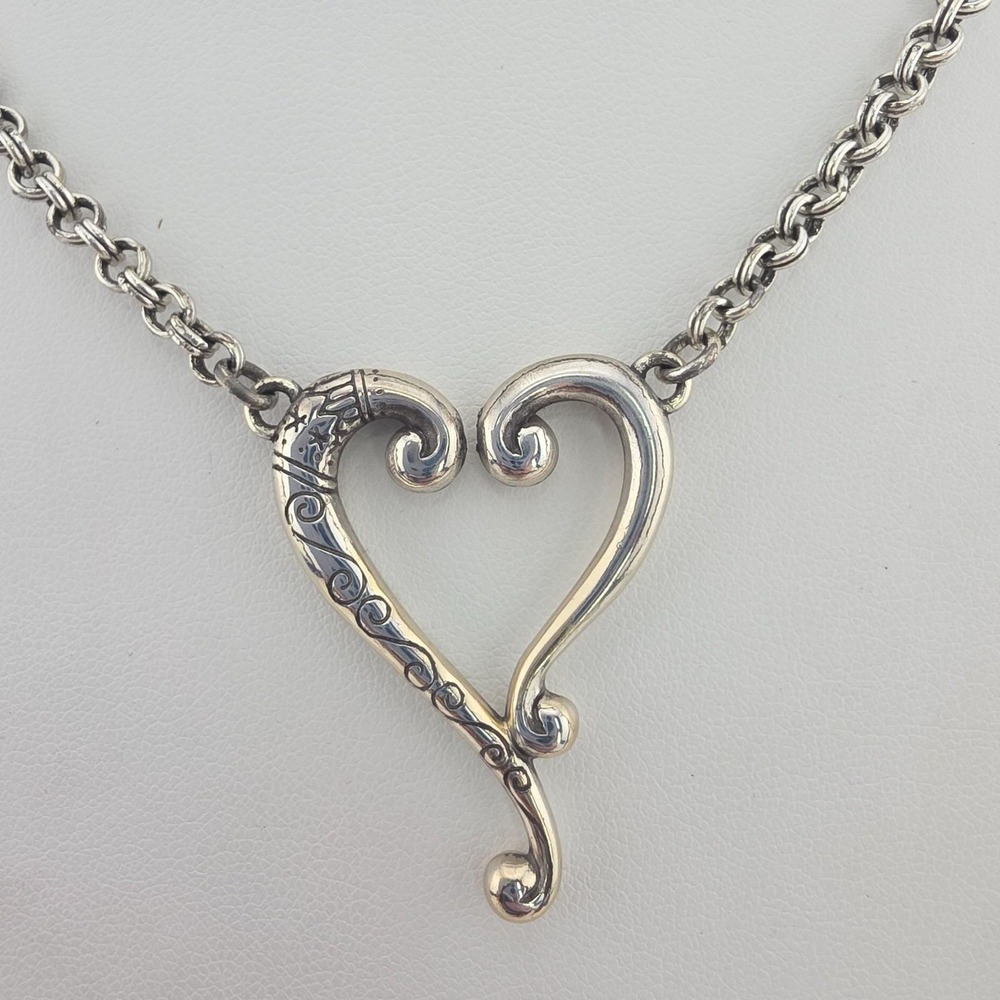 BRIGHTON 'Adore Me Heart' Necklace Scrollwork Tuscan Open Heart Silver Plate 16"